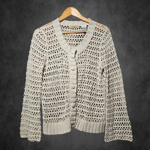 stamp 10 Sweaters - Vintage creme buttondown Crochet bellsleeved cardigan sweater